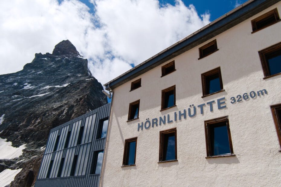 Close up view of Hornlihutte Alpine Hut with the Matterhorn in the background