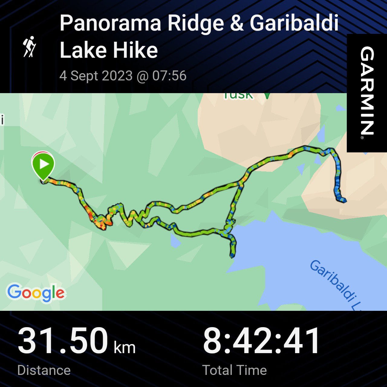 Garmin GPS map showing the Rubble Creek out and back hiking route in British Columbia