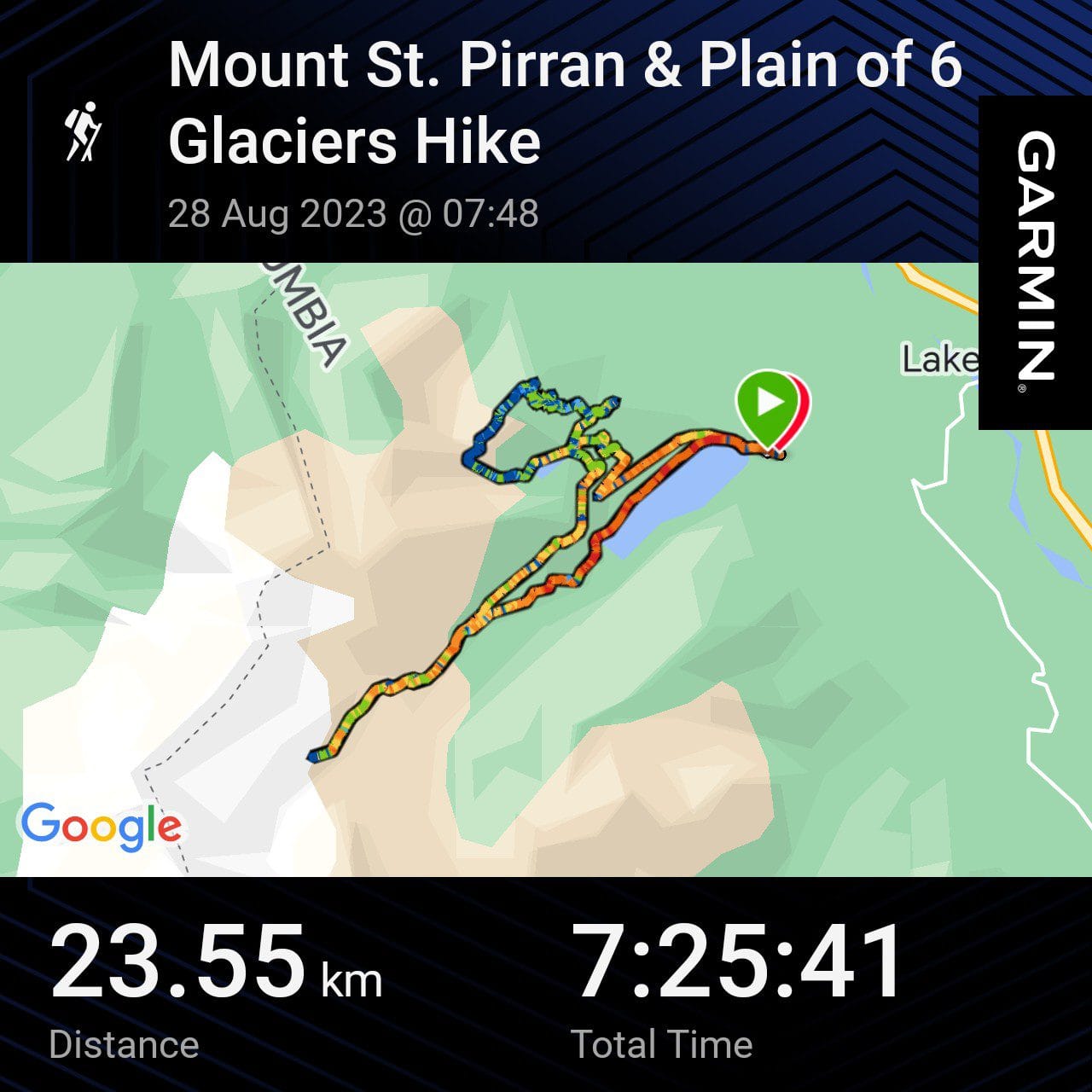 Garmin GPS map showing the Lake Louise hiking loop route in Banff National Park