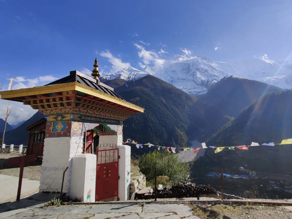 Upper Pisang Monastery on the hill across the valley from Annapurna 2 on the Annapurna Circuit
