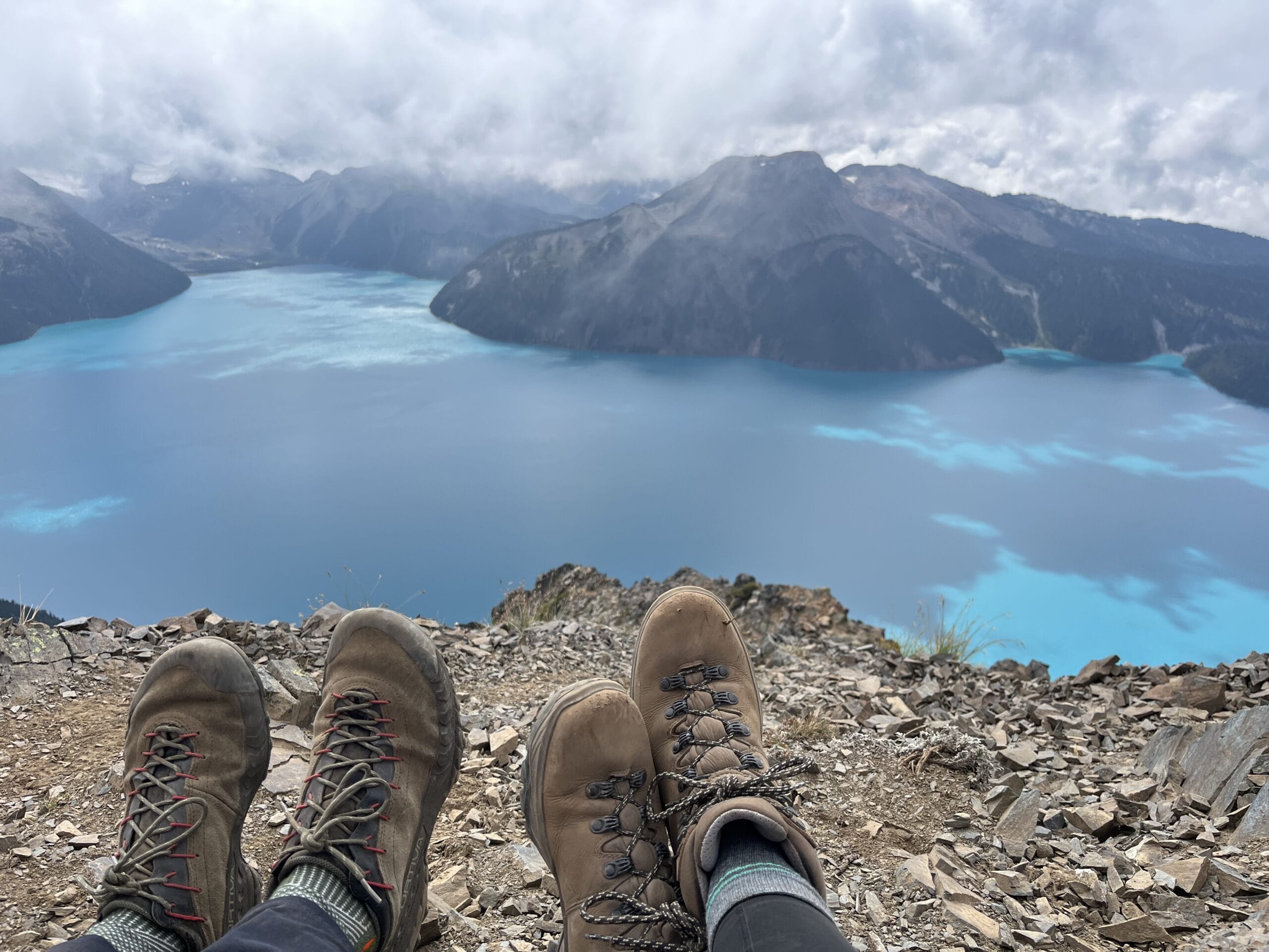 La Sportiva Tx4 being shown alongside Scarpa GTX Terra Women's Boots at Panorama Ridge in Canada