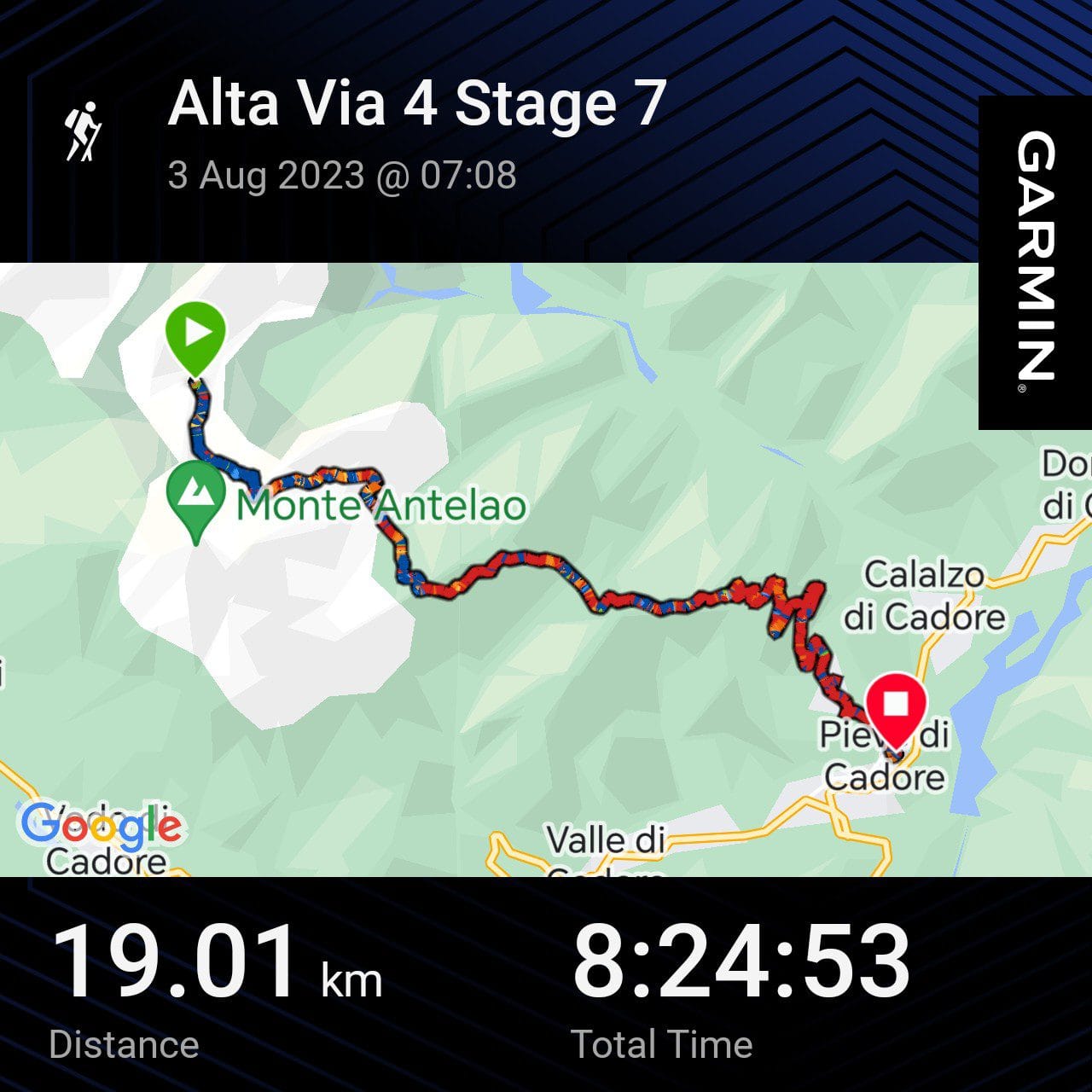 Garmin Connect elevation profile and map data for Day 7 of the Alta Via 4 trek from Rifugio Galassi to Tai di Cadore.