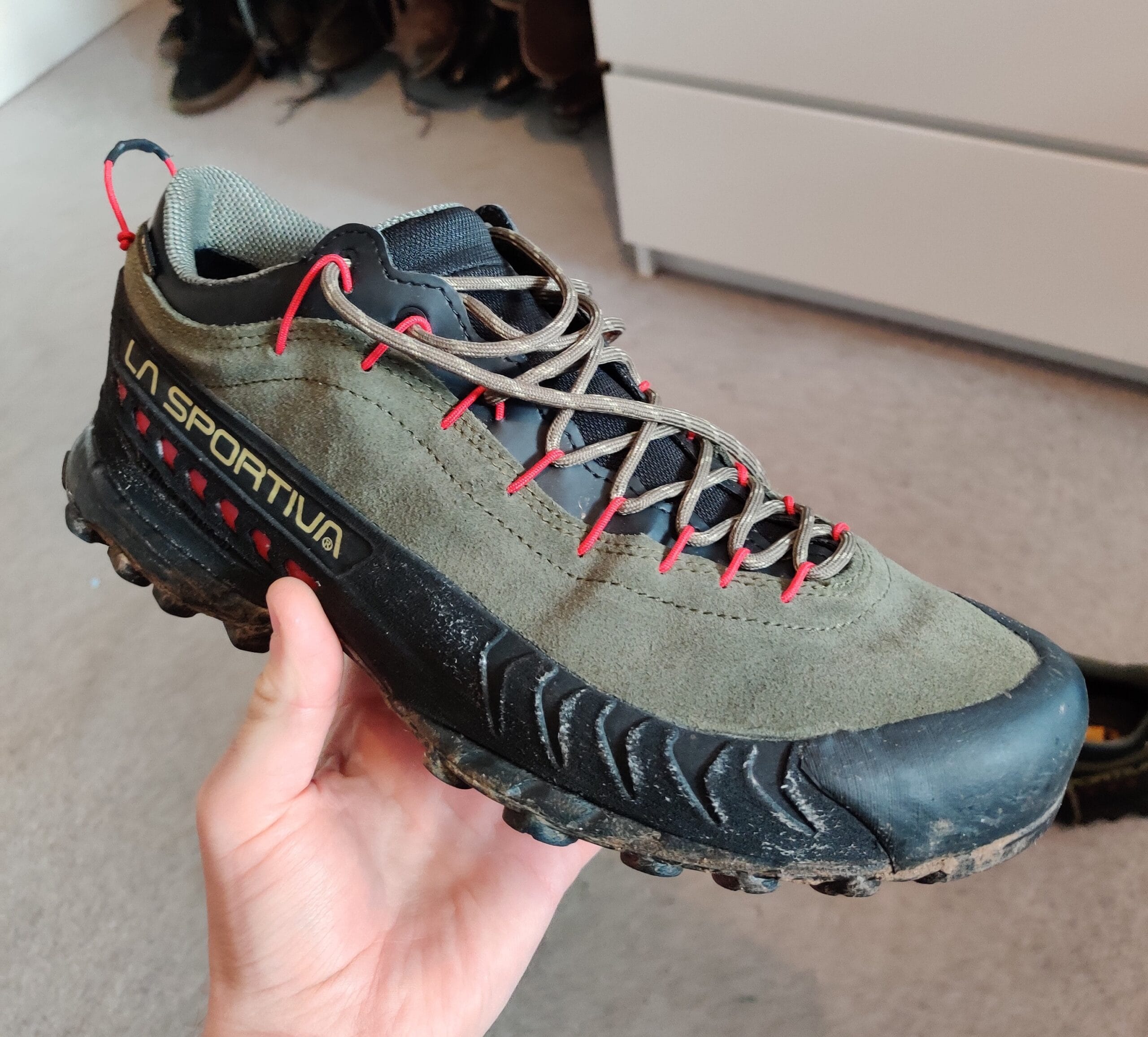 Close-up of the La Sportiva TX4 GTX approach shoe showing the climbing lacing and protective rubber rand.