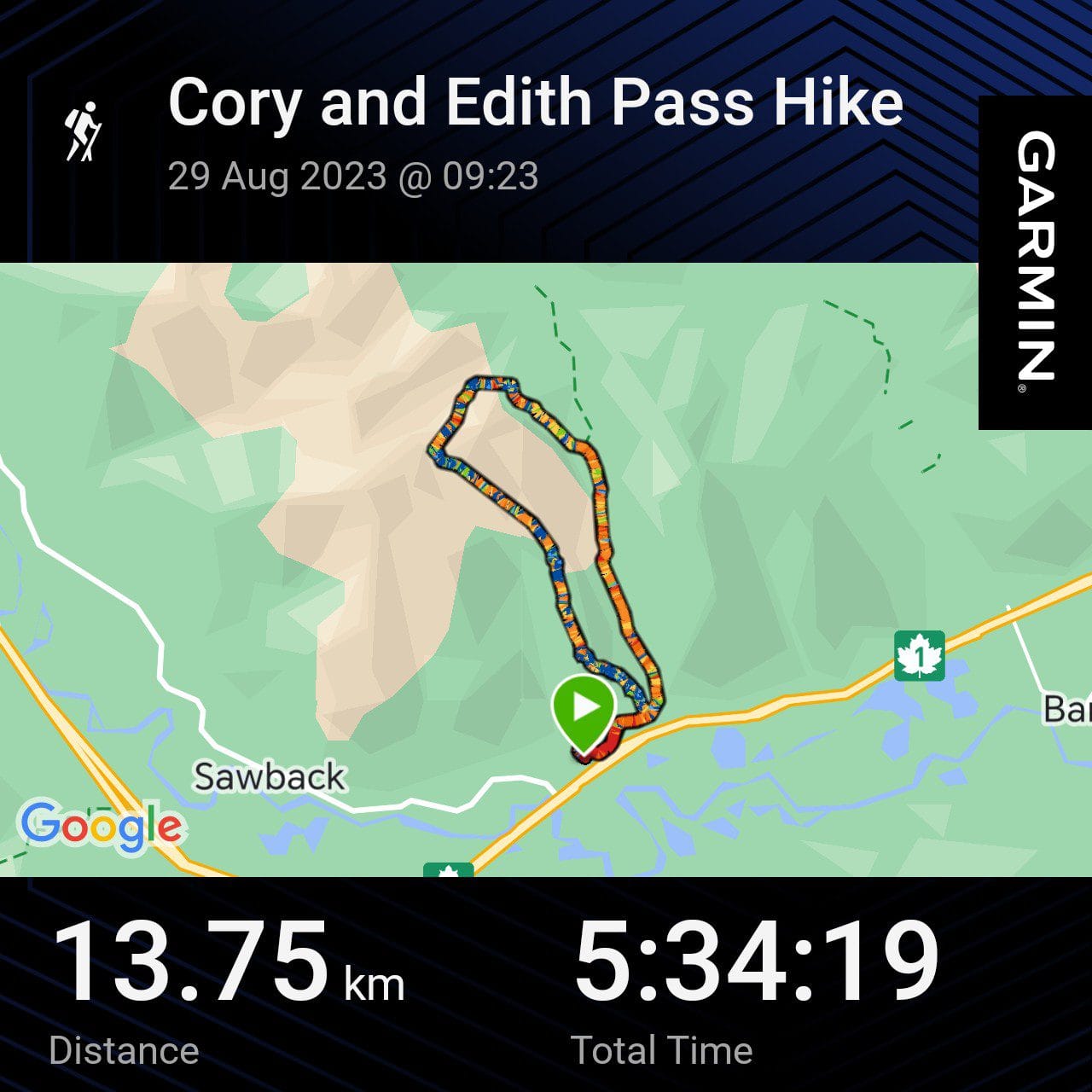 Garmin GPS map showing the Cory Pass Loop hiking route in Banff National Park