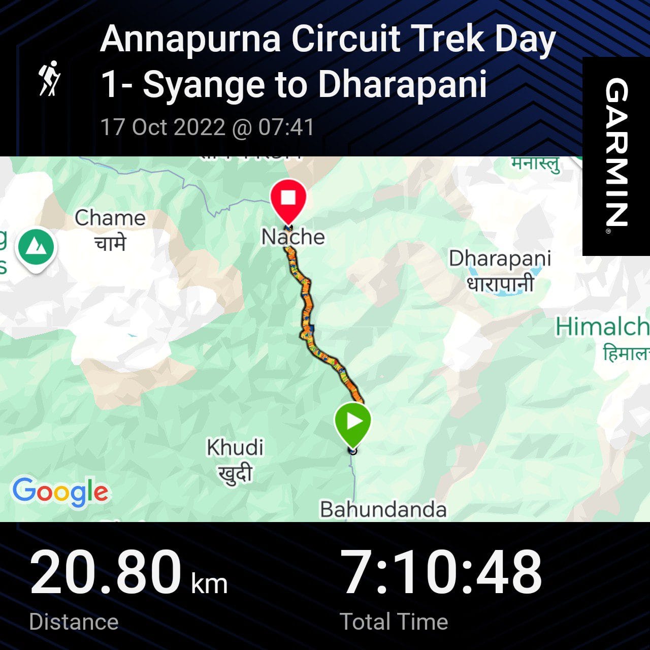 Garmin GPS map showing the Annapurna Circuit trekking route from Syange to Dharapani