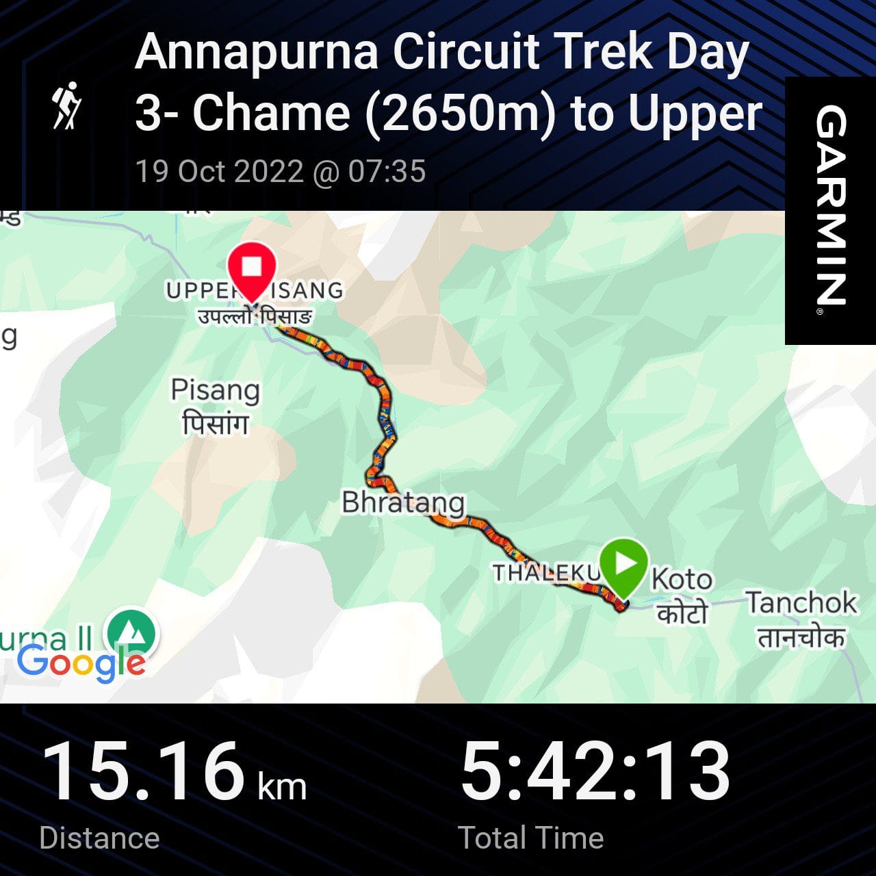 Garmin GPS map of Day 3 on the Annapurna Circuit trek from Chame to Upper Pisang