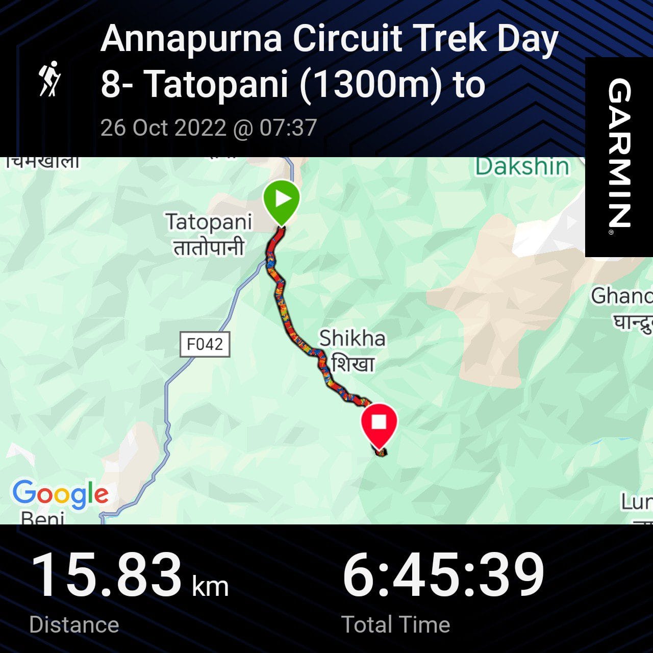 Garmin GPS map of the Annapurna Circuit trek from Tatopani to Ghorepani
