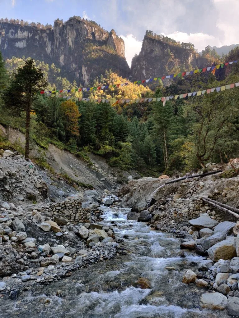 An alpine looking stream in the village of Cahme with pine trees and prayer flags in front of the mountains behind