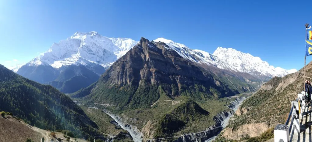 The panoramic viewpoint from Ghyaru on the Annapurna Circuit Himalayas Trek looking across the valley at Annapurna 2