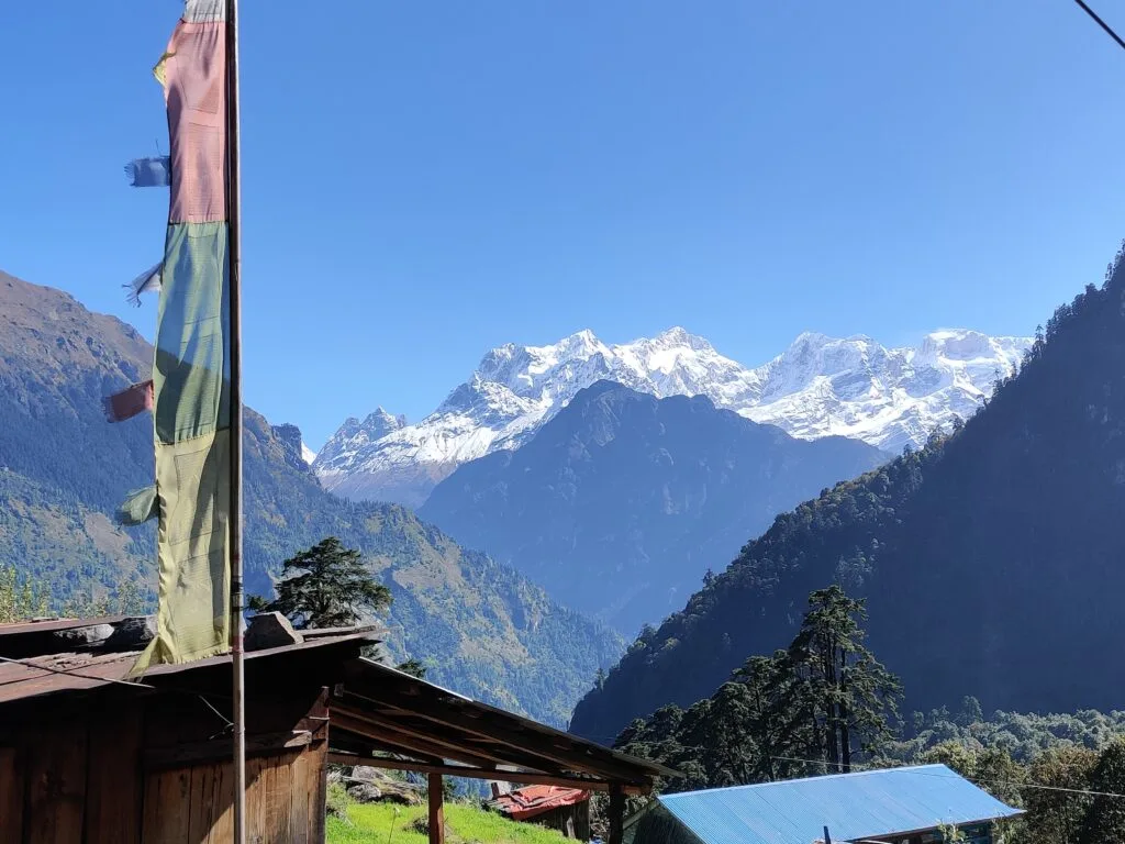 View of Manaslu on the Annapurna Circuit Himalayas trek from a villlage settlement