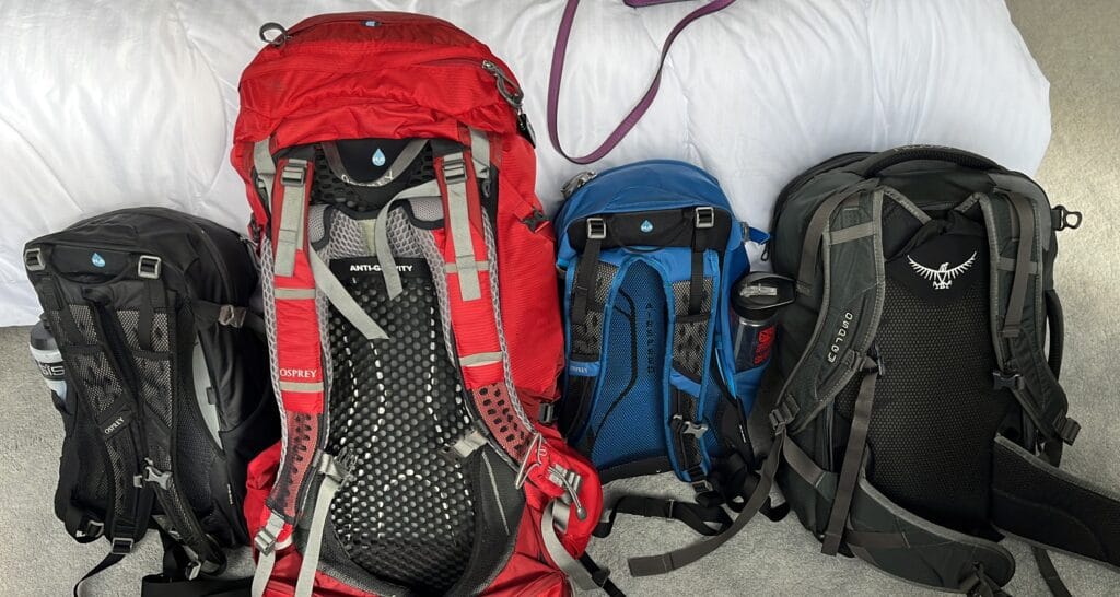 Osprey Collection (Left to Right): Hikelite 18, Atmos 50, Hikelite 26, Farpoint 40