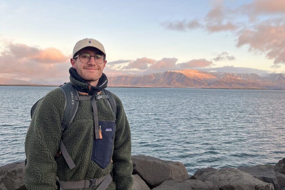A man carrying the Osprey Farpoint 40 backpack strapped up in Reykjavik, Iceland.