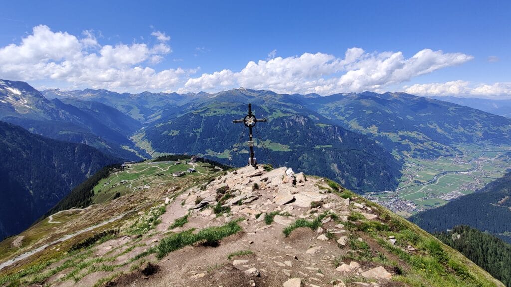 The cross on the summit of the Filzenkogel Hike in Mayrhofen, Austria