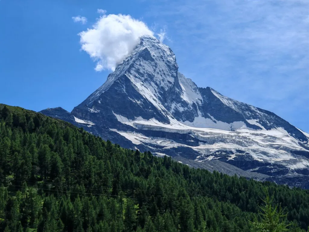 A clear image of the Matterhorn from the Zmutt Trail in the Zermatt hiking valley