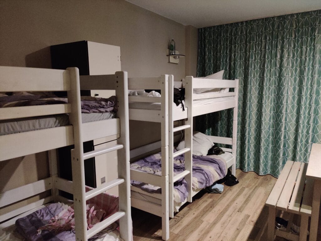 A 6 bed dorm room inside Munich Wombats Hostel near Hauptbahnhof