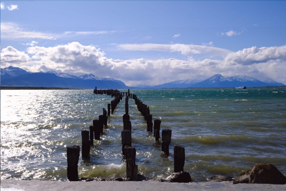 Waterfront view from Puerto Natales across to the Patagonian mountains