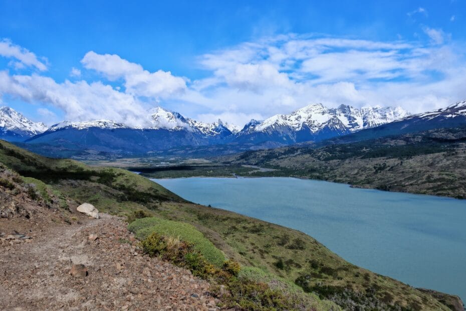 Stunning view on the Torres del Paine O circuit trail of the Lago paine and mountains near Dickson lake