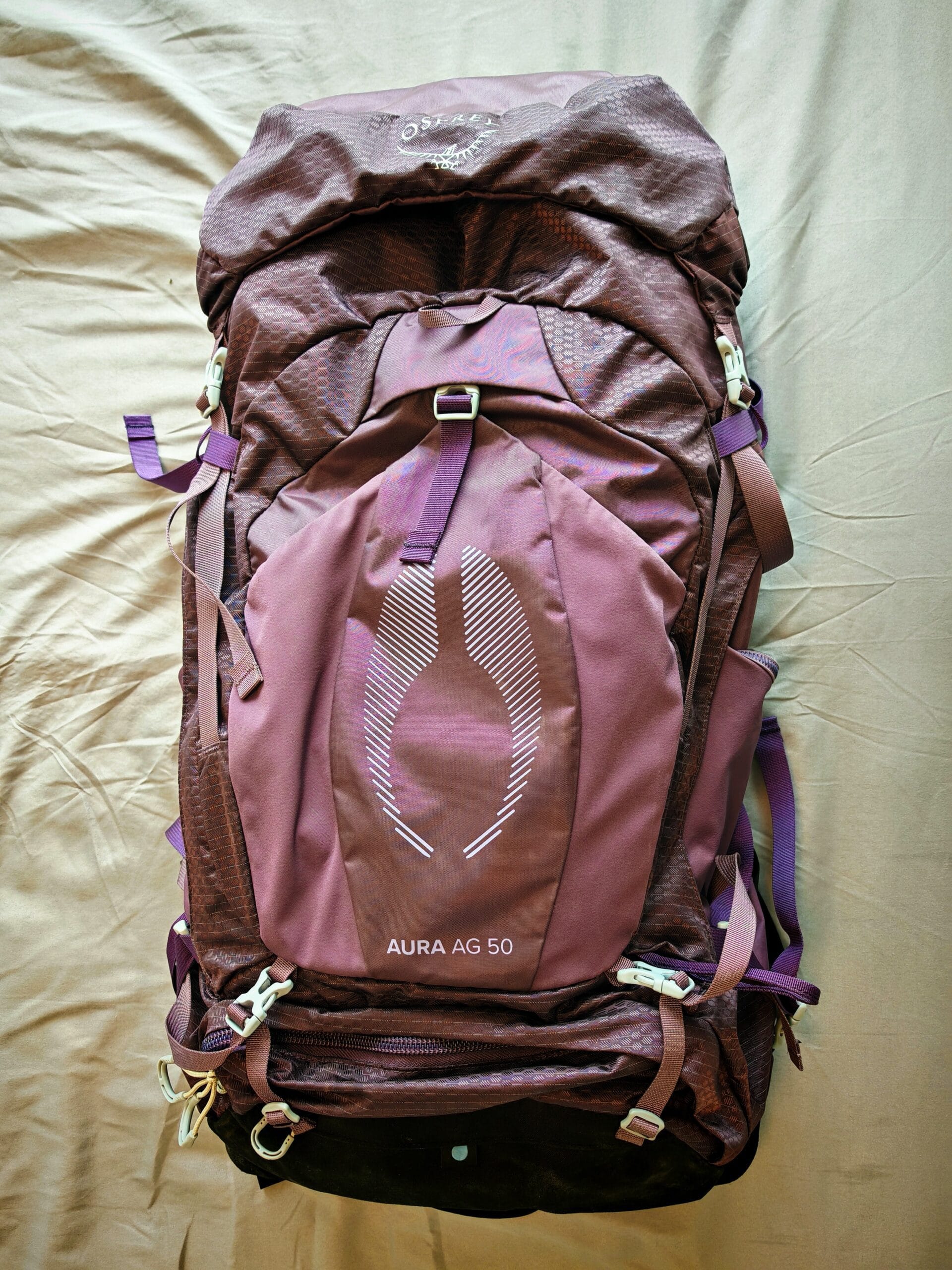 The Osprey Aura AG 50 women's trekking backpack out on the trail.