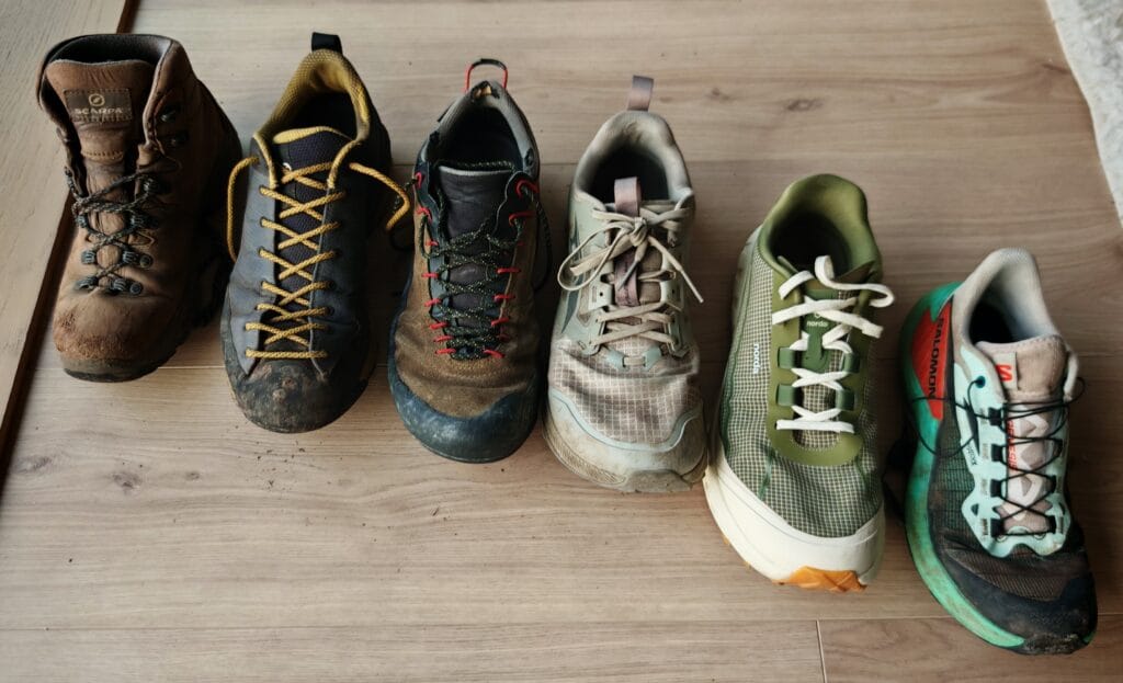 Comparison of mountain footwear from boots, to approach shoes to trail running shoes.