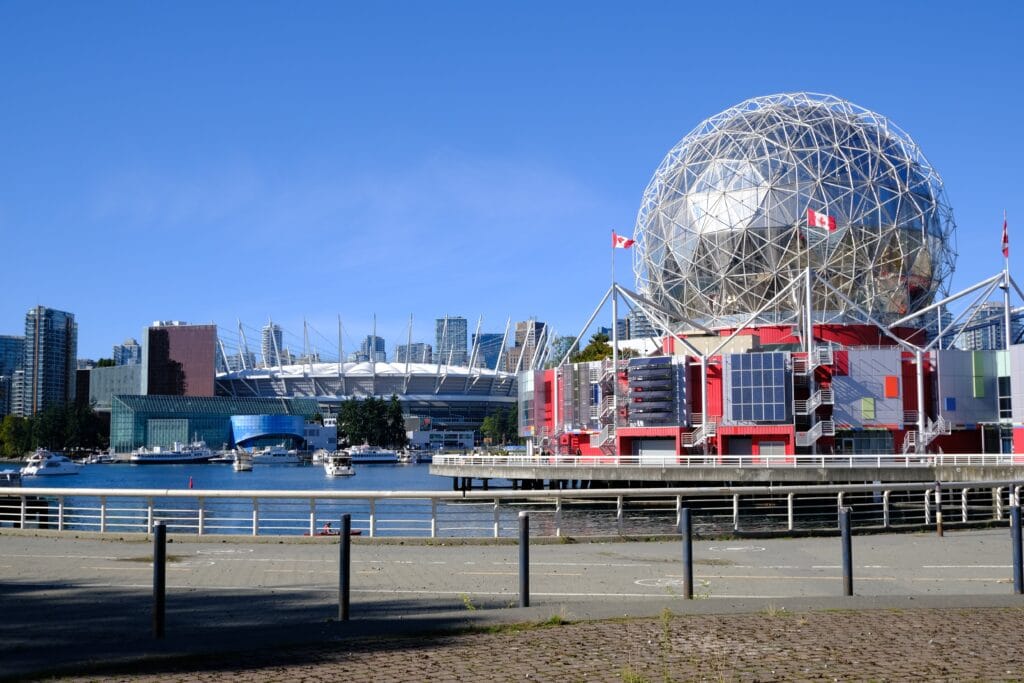 BC place Stadium and Science World seen at False creek