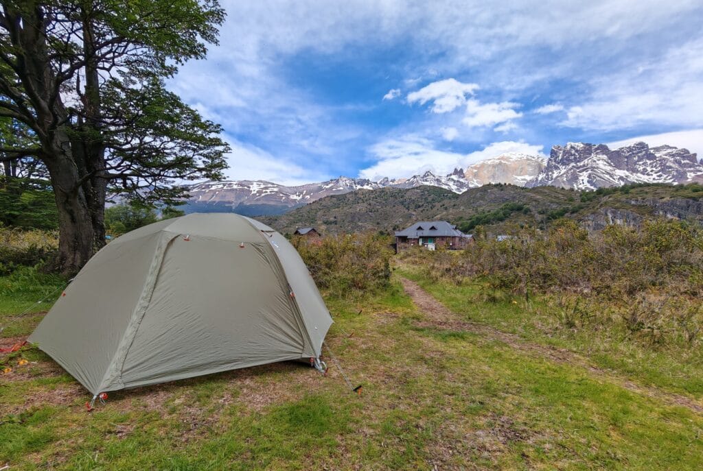A Big Agnes Copper Spur UL2 Tent at Dickson Camp with rugged mountains in the background