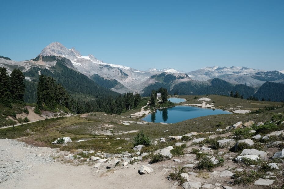 Elfin Lakes shot in chrome simulation on Fujifilm showing the twin lakes and diamond head mountain