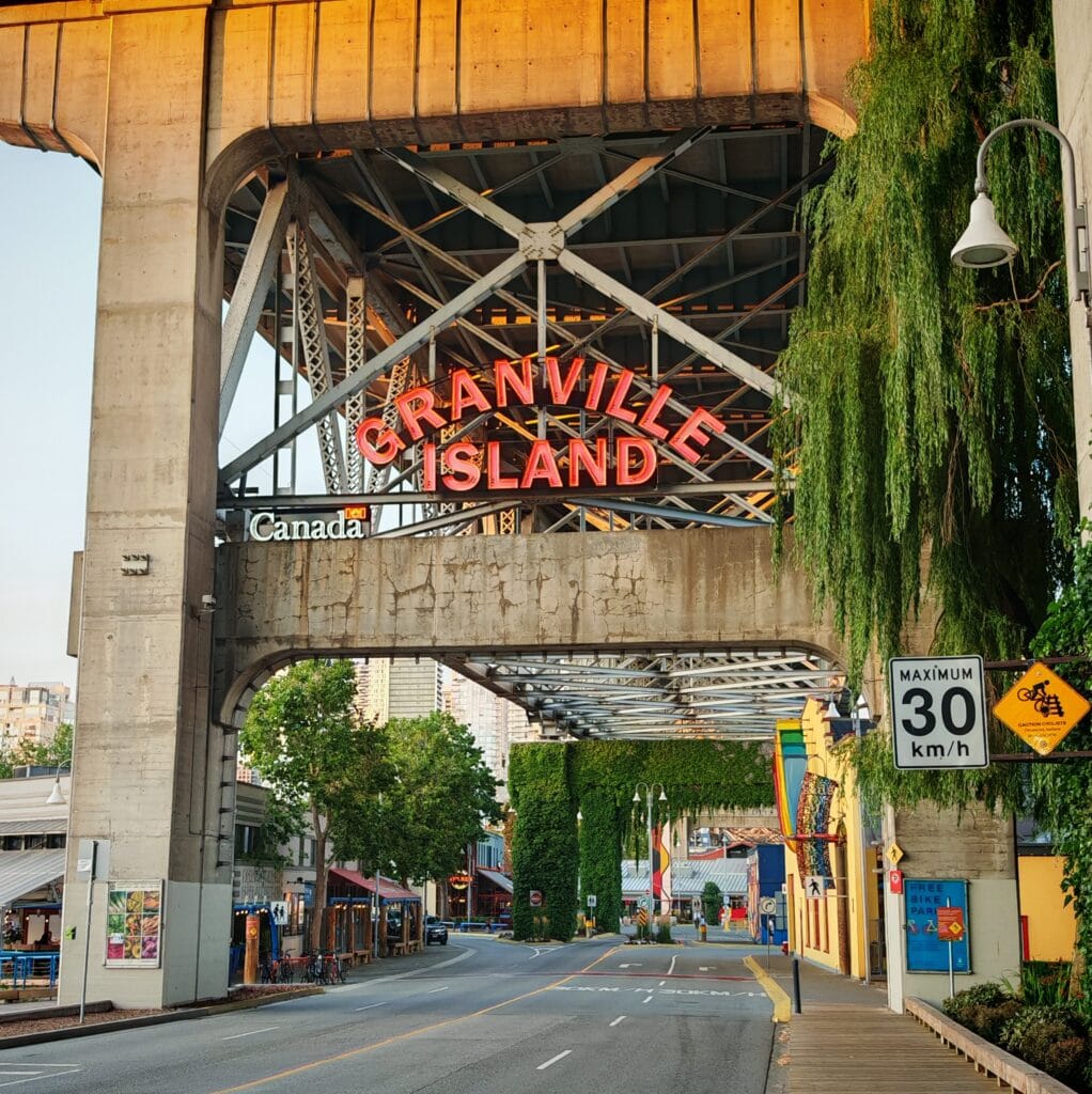 The entrance to Granville Island with the food markets, dining options and shops to explore