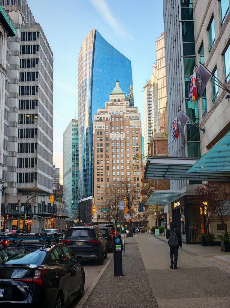 The historic Marine Building seen surrounded by modern skyscrapers as part of the Vancouver City guide