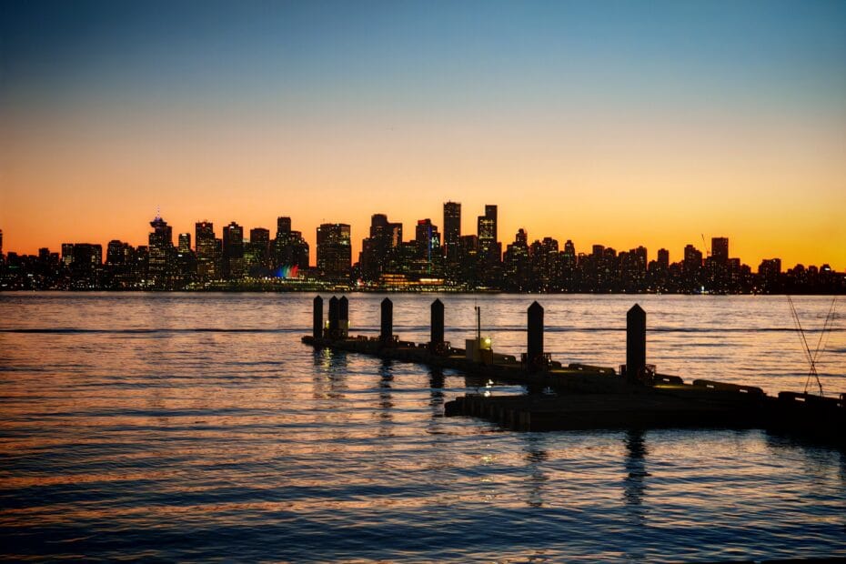 Vancouver downtown at sunset as seen from North Vancouver as part of the Vancouver City Guide