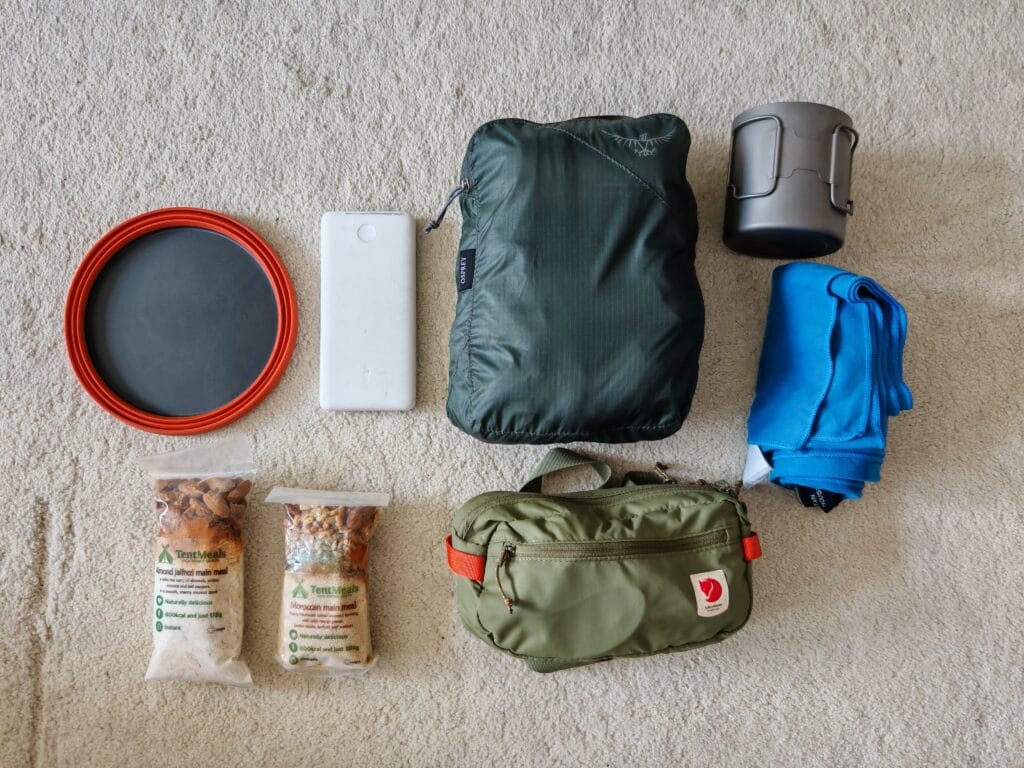 Camp cooking equipment used for patagonia Torres del Paine Trek including collapsible bowl, mug and 2 dehydrated meals