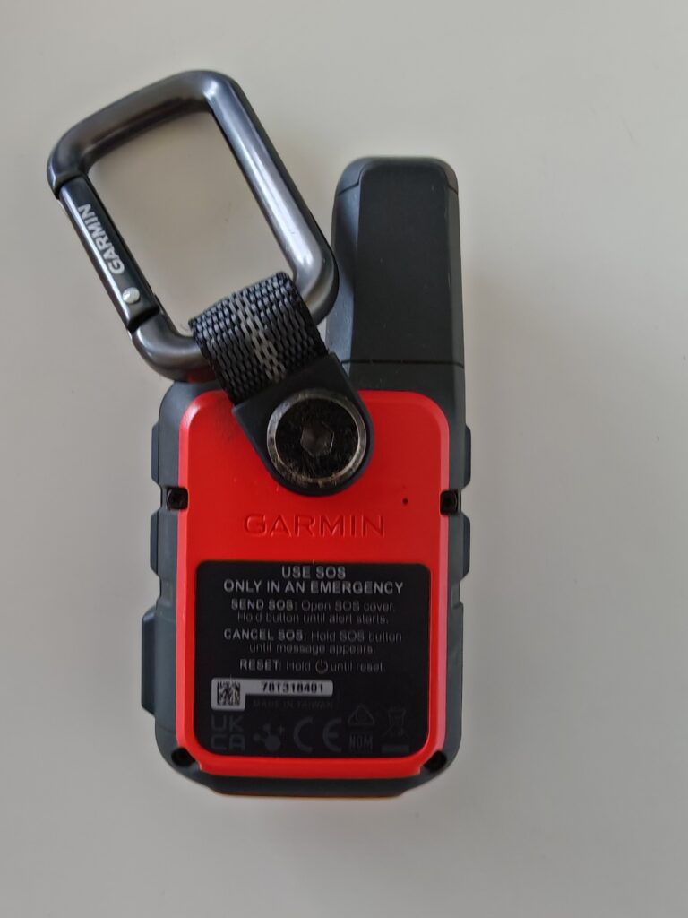 Rear view of the Garmin InReach Mini 2 showing the carabiner and Iridium Beacon