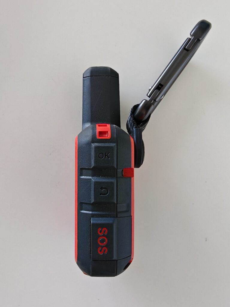Side View of Garmin InReach Mini 2 showing SOS button and navigation buttons