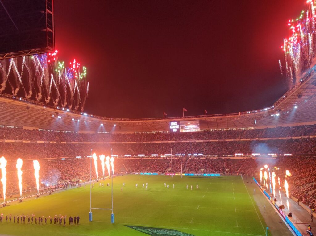 Fireworks for an evening game of rugby at Twickenham Stadium