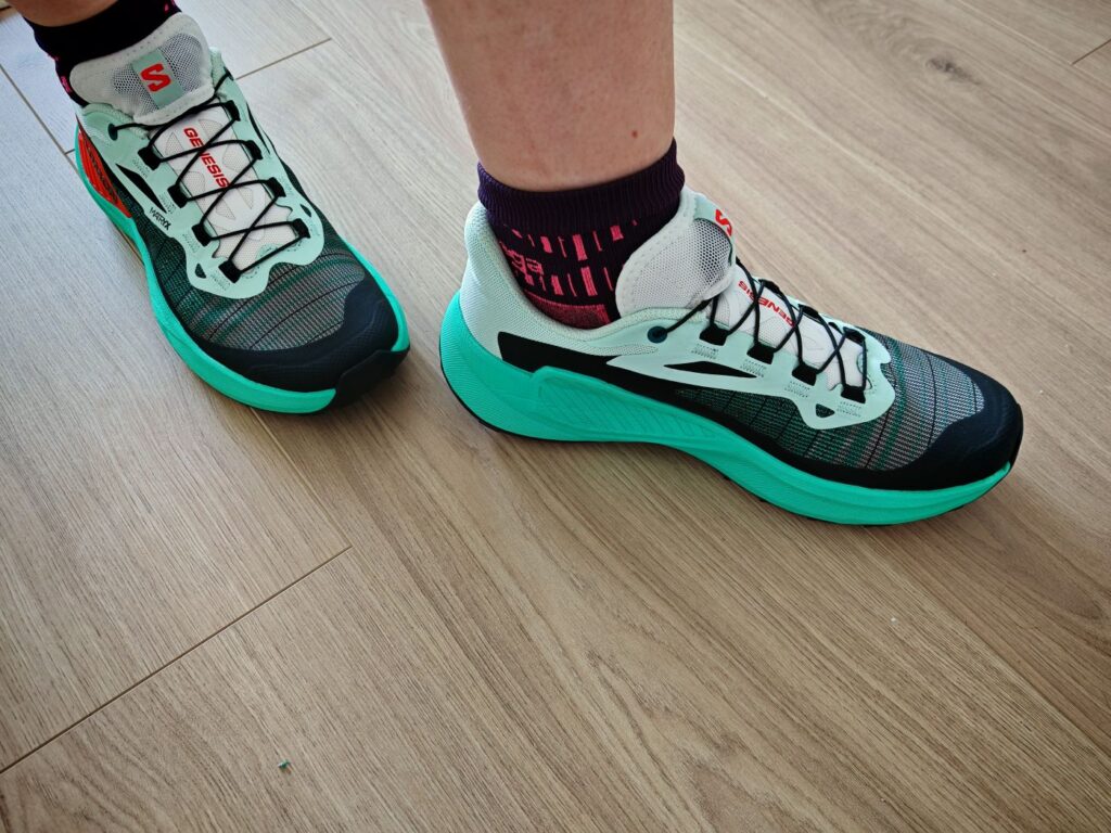 Inside colour step of new Salomon Genesis in aqua and white colour scheme women's shoe